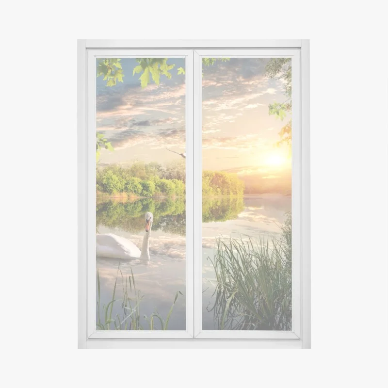 Pegatina para ventana atardecer sereno en el lago con cisne