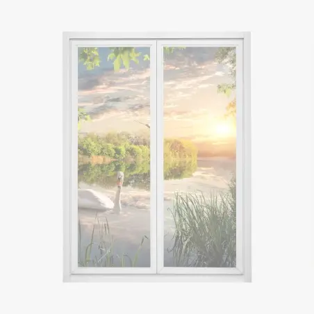 Pegatina para ventana atardecer sereno en el lago con cisne – Pixers®
