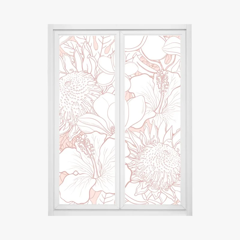 Pegatina para ventana patrón floral tropical en coral y blanco