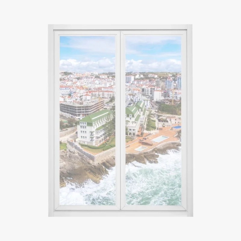 Pegatina para ventana vistas costeras de ciudad y acantilados