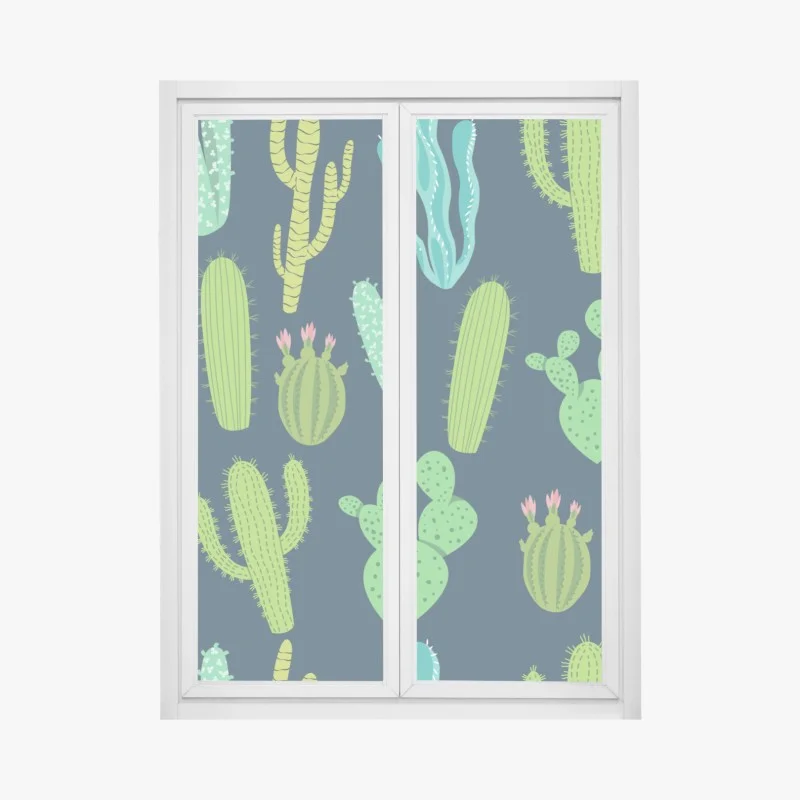 Pegatina para ventana patrón de cactus y suculentas en tonos verdes y azules