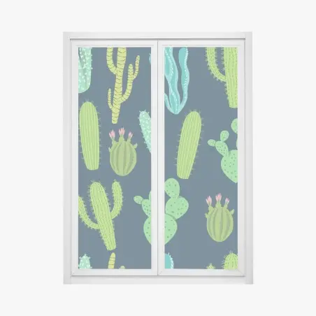 Pegatina para ventana patrón de cactus y suculentas en tonos verdes y azules – Pixers®