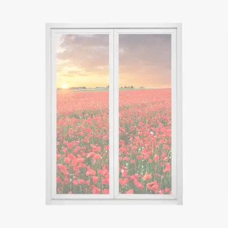 Pegatina para ventana atardecer sobre campo de amapolas – Pixers®