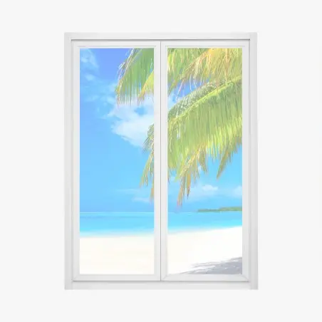 Pegatina para ventana paraíso tropical con palmeras y playa de arena blanca – Pixers®