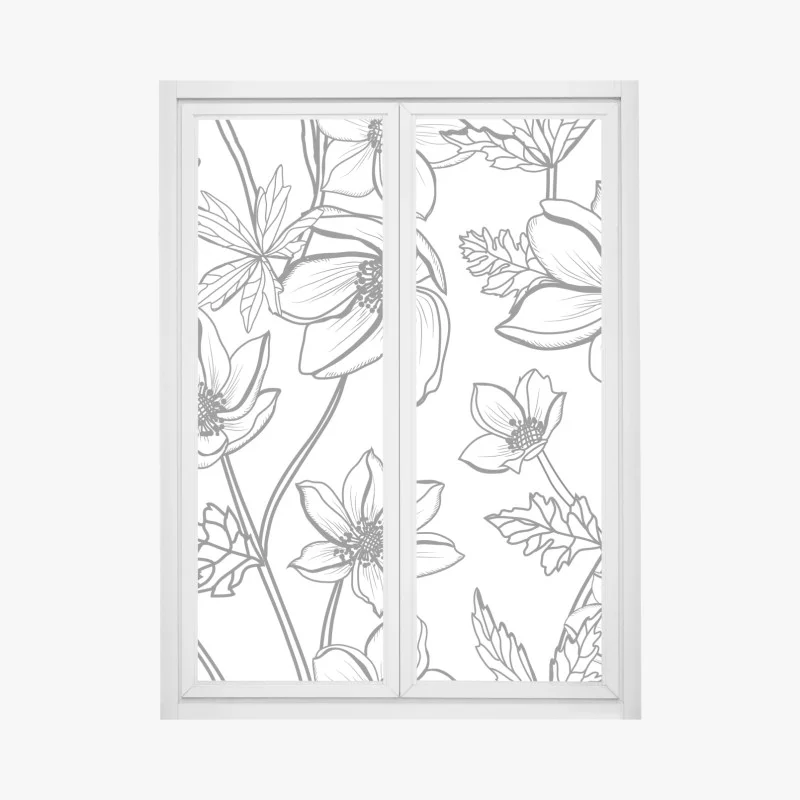 Pegatina para ventana dibujo floral lineal en blanco y negro