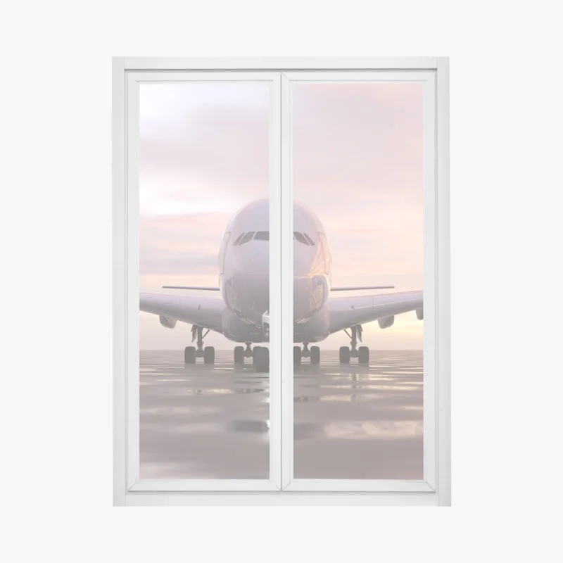 Pegatina para ventana avión frontal al atardecer en pista