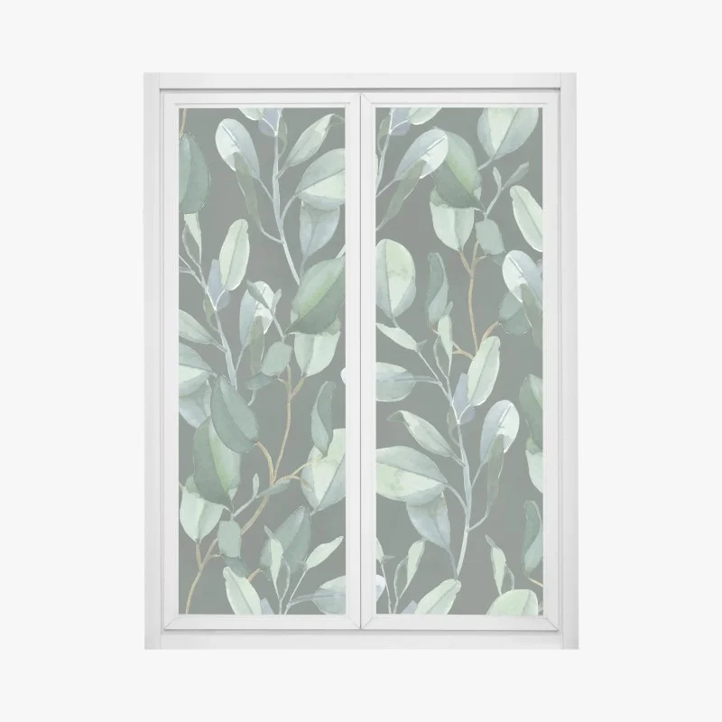 Pegatina para ventana follaje de eucalipto en acuarela sobre fondo verde oscuro
