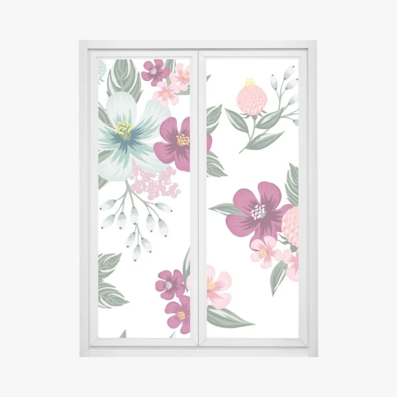 Pegatina para ventana elegante estampado floral en tonos rosa y verde