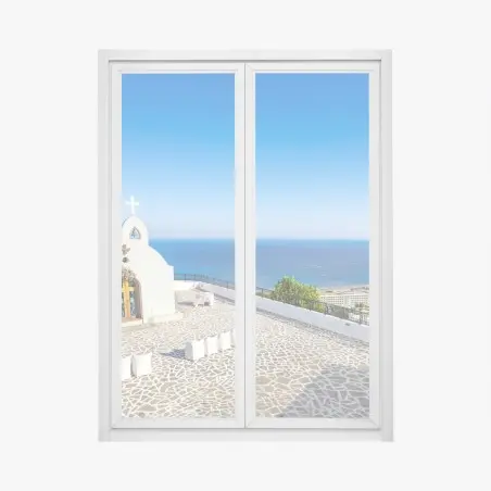 Pegatina para ventana capilla blanca con vista al mar en Faliraki, Grecia – Pixers®