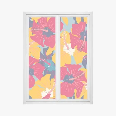 Pegatina para ventana patrón floral retro de hibiscos coloridos – Pixers®