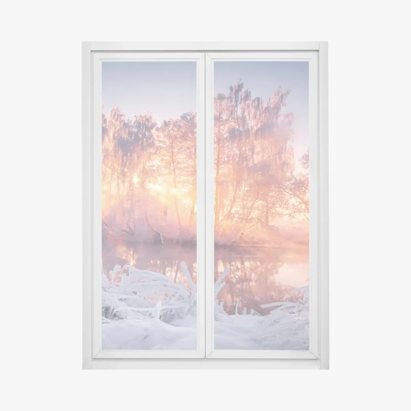 Pegatina para ventana amanecer invernal entre árboles helados