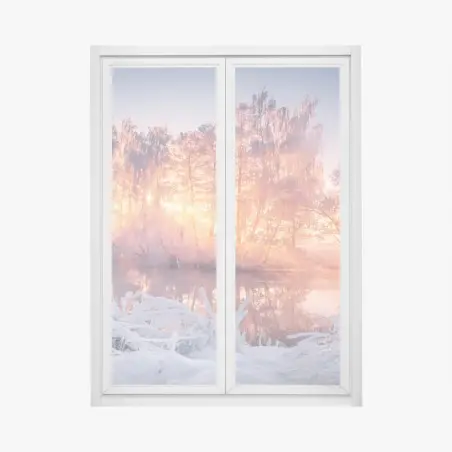 Pegatina para ventana amanecer invernal entre árboles helados – Pixers®