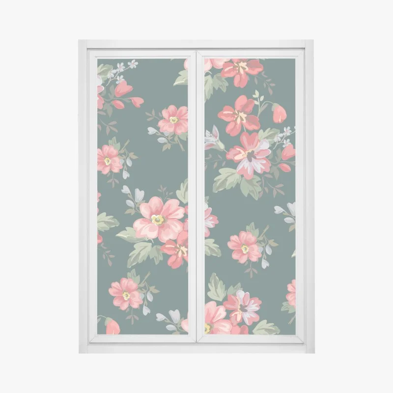 Pegatina para ventana patrón floral vintage en tonos rosa y rojo sobre fondo verde oscuro