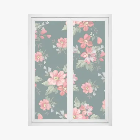 Pegatina para ventana patrón floral vintage en tonos rosa y rojo sobre fondo verde oscuro – Pixers®