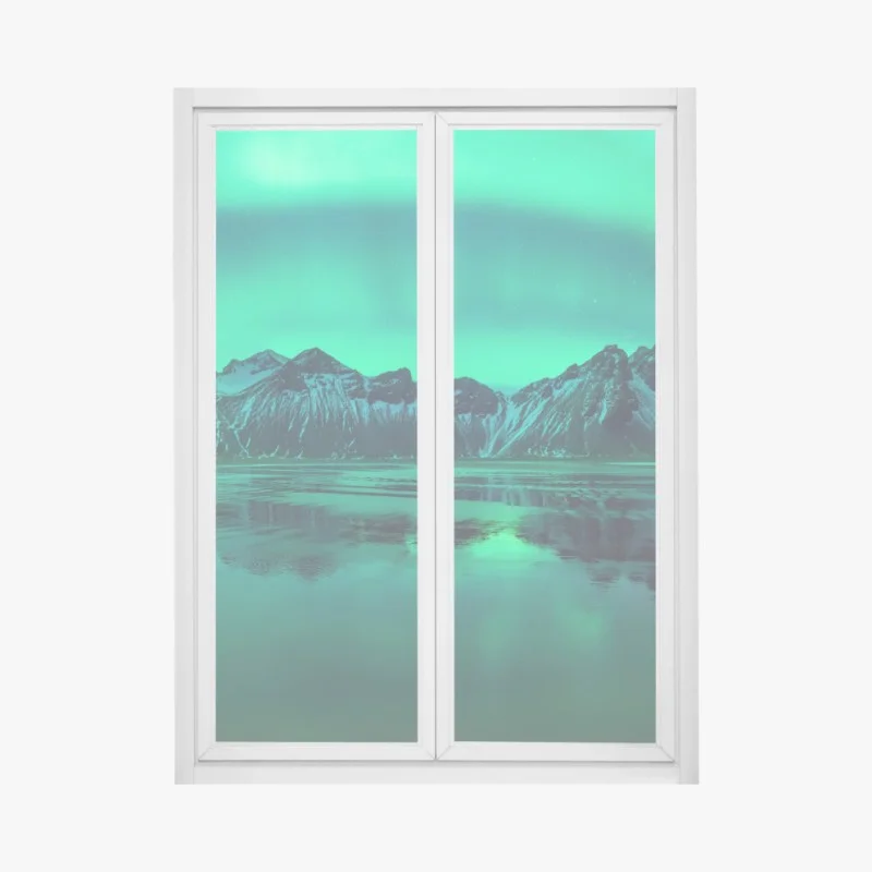 Pegatina para ventana aurora sobre Vestrahorn en la playa negra de Islandia