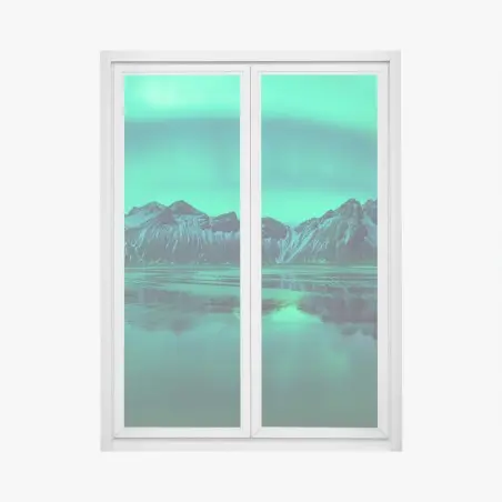 Pegatina para ventana aurora sobre Vestrahorn en la playa negra de Islandia – Pixers®