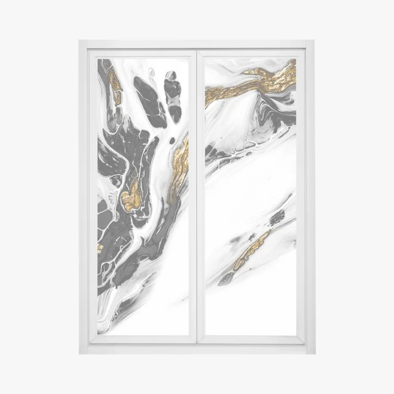 Pegatina para ventana flujo dorado sobre mármol en blanco y negro