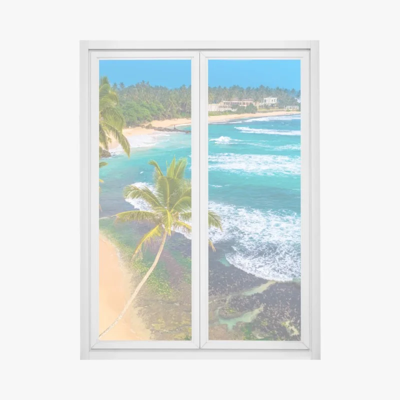Pegatina para ventana paisaje tropical de playa con palmeras y olas