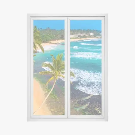 Pegatina para ventana paisaje tropical de playa con palmeras y olas – Pixers®