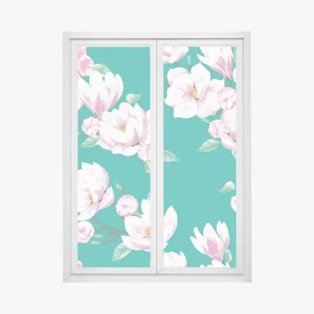 Pegatina para ventana estampado de magnolias blancas sobre fondo verde azulado – Pixers®
