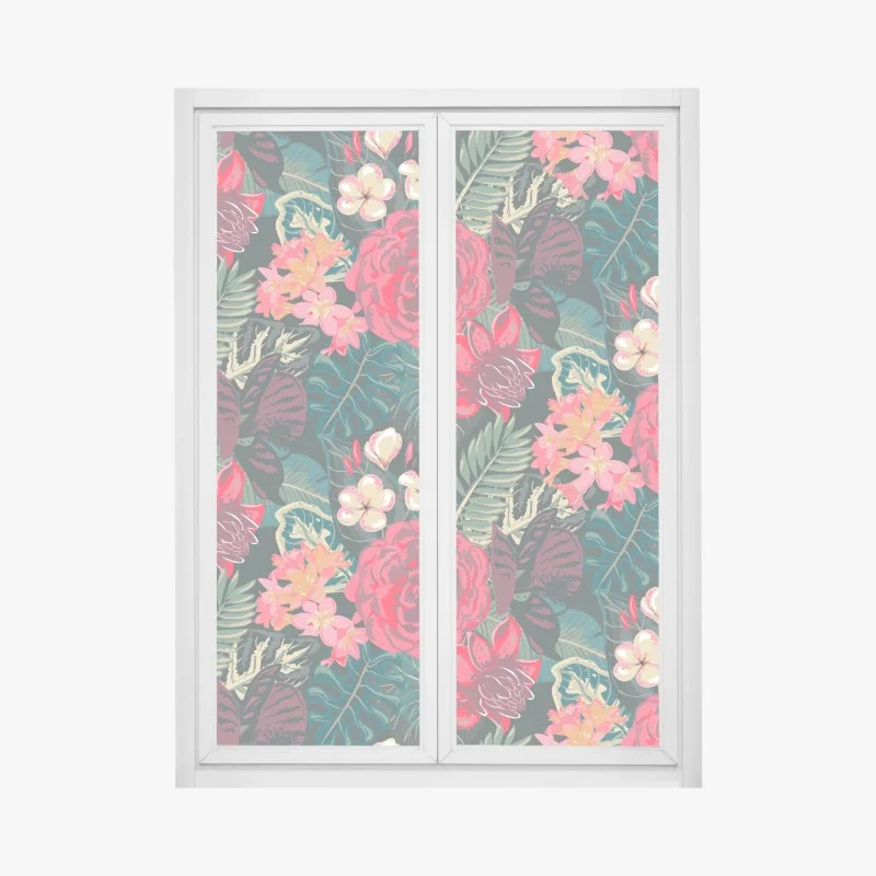 Pegatina para ventana estampado floral tropical en tonos rojos