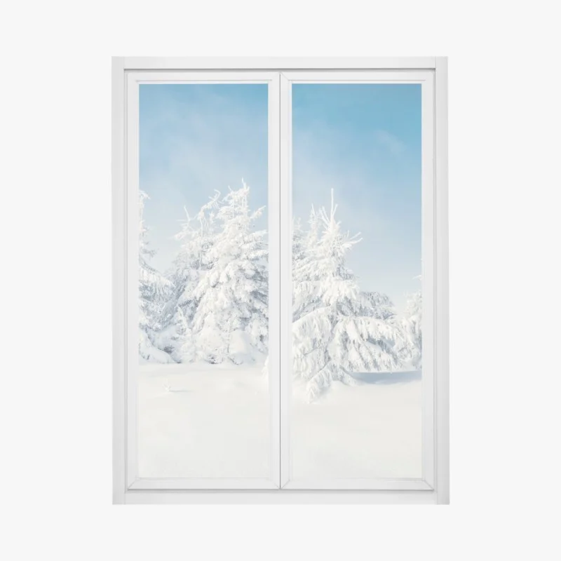 Pegatina para ventana panorama invernal de bosque nevado