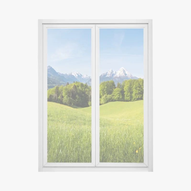 Pegatina para ventana paisaje primaveral de pradera y montañas