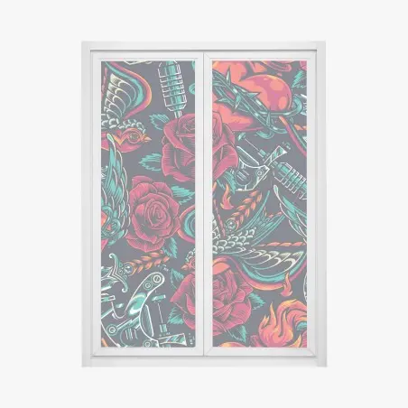 Pegatina para ventana diseño retro de rosas y golondrinas con actitud rock – Pixers®