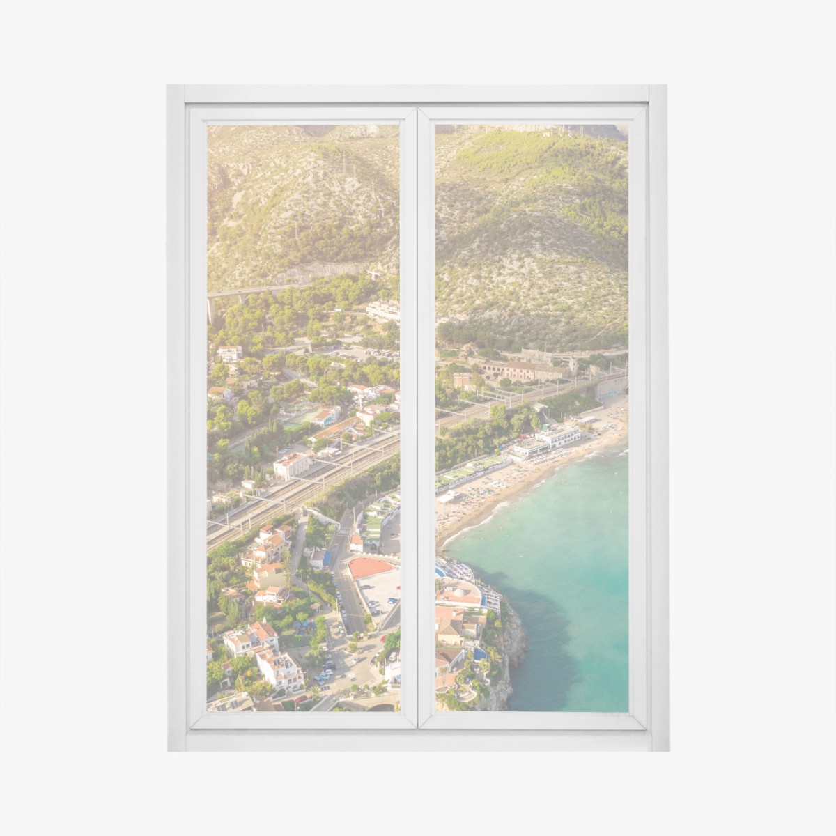 Pegatina para ventana panorámica aérea de pueblo costero y aguas turquesa – Pixers®
