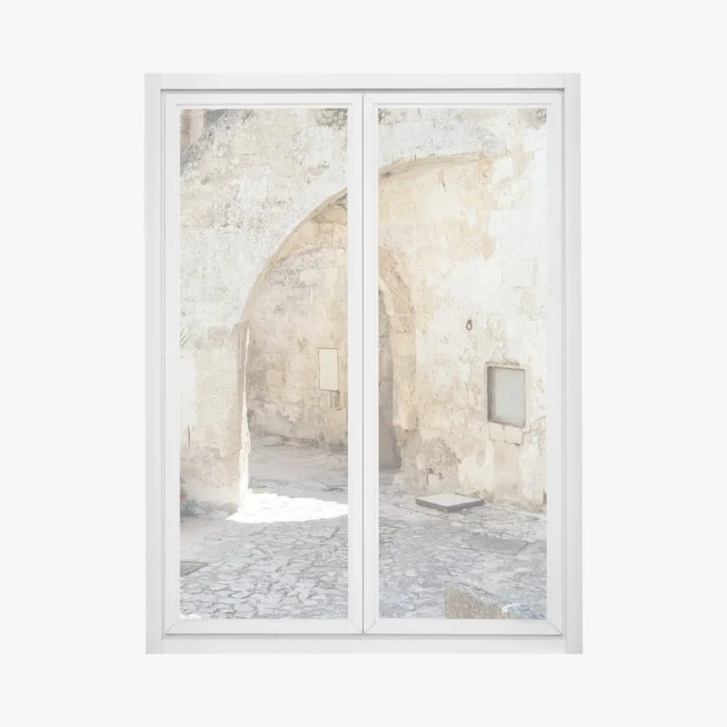 Pegatina para ventana patio antiguo con arco y cactus