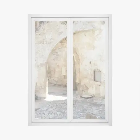 Pegatina para ventana patio antiguo con arco y cactus – Pixers®