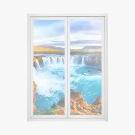 Pegatina para ventana amanecer en Godafoss: cascada mística de Islandia – Pixers®
