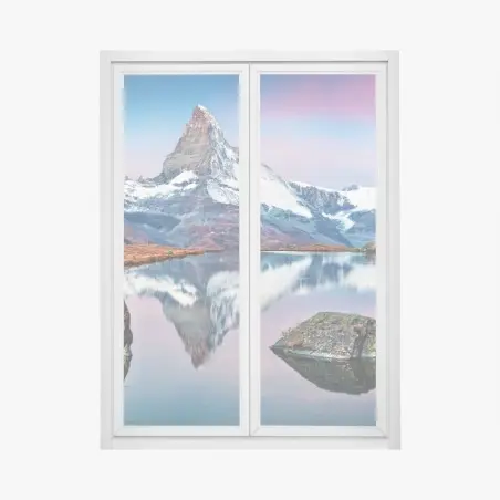 Pegatina para ventana reflejo del Matterhorn en Stellisee al amanecer – Pixers®