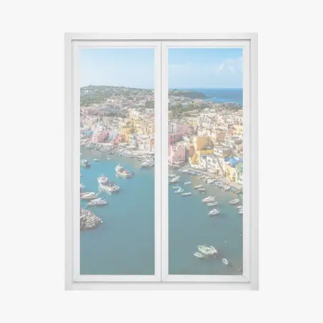 Pegatina para ventana panorámica de pueblo costero y puerto colorido – Pixers®