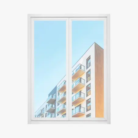 Pegatina para ventana fachada contemporánea con balcones y cielo azul – Pixers®