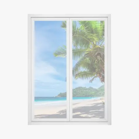 Pegatina para ventana vista tropical de playa con palmeras y velero – Pixers®