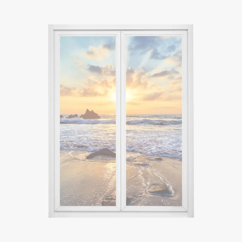 Pegatina para ventana atardecer dorado en la costa rocosa