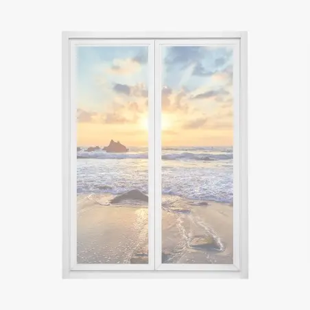 Pegatina para ventana atardecer dorado en la costa rocosa – Pixers®