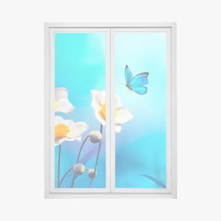 Pegatina para ventana anémonas y mariposa azul sobre fondo turquesa – Pixers®