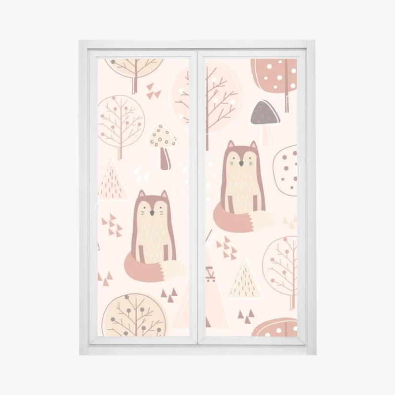Pegatina para ventana bosque encantado de zorros en tonos pastel