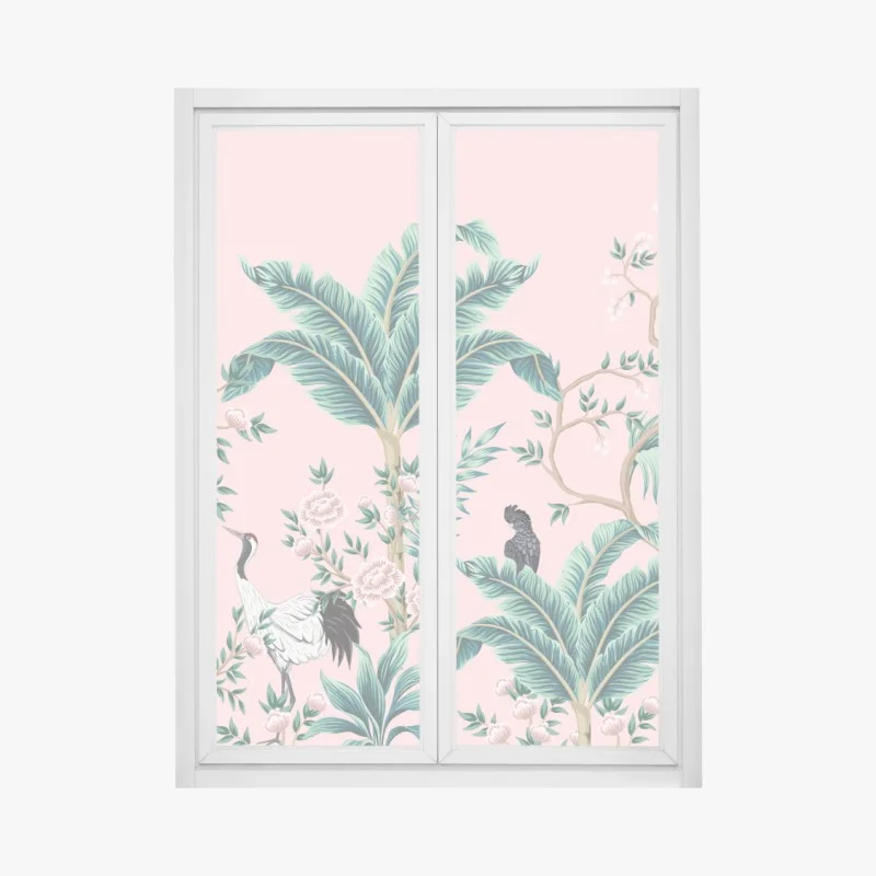 Pegatina para ventana escena tropical de aves y flores sobre fondo rosa