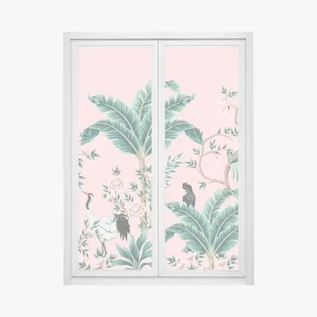 Pegatina para ventana escena tropical de aves y flores sobre fondo rosa – Pixers®