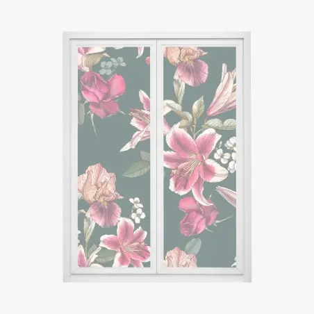 Pegatina para ventana estampado floral vintage en tonos rosa y verde oscuro – Pixers®