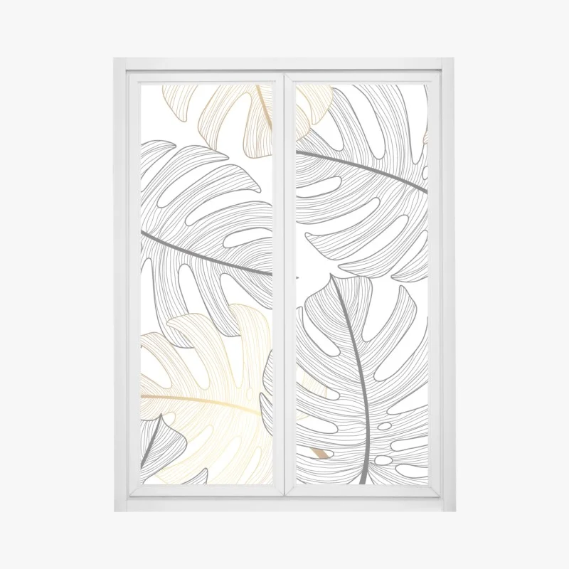 Pegatina para ventana hojas de monstera en líneas negras y doradas