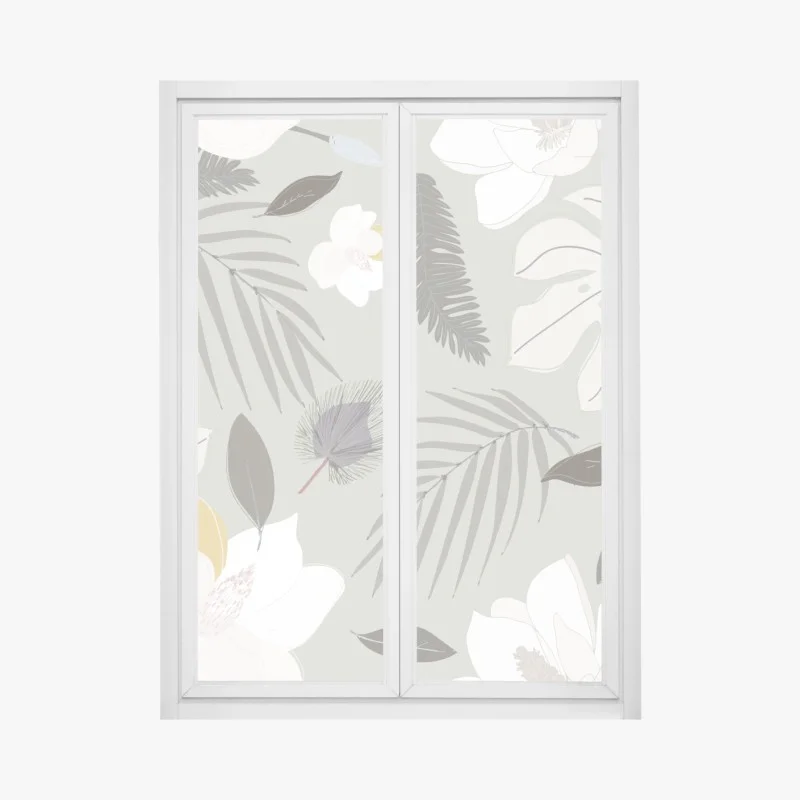 Pegatina para ventana patrón botánico de magnolias y hojas tropicales