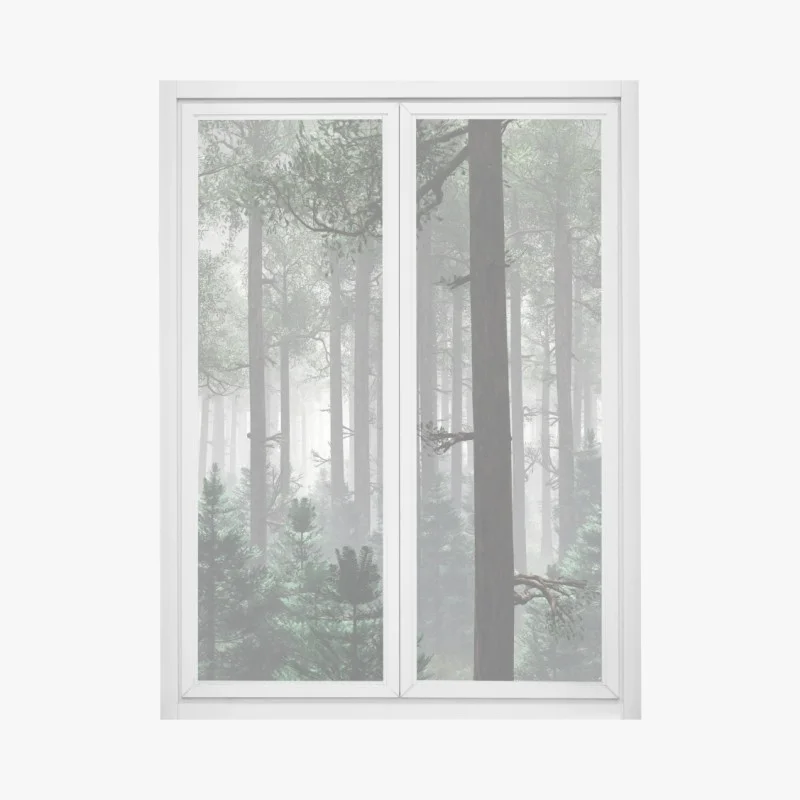 Pegatina para ventana bosque brumoso de pinos en calma