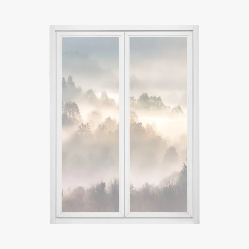 Pegatina para ventana paisaje de niebla en colinas al amanecer