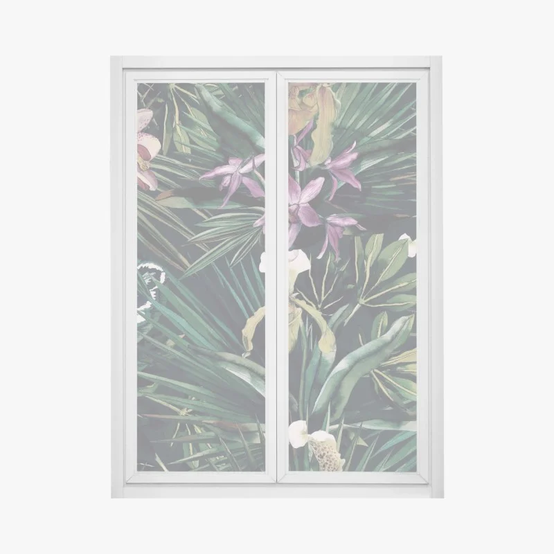 Pegatina para ventana orquídeas y palmas en acuarela