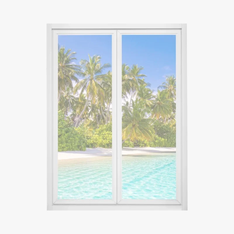 Pegatina para ventana escena de playa tropical con palmeras