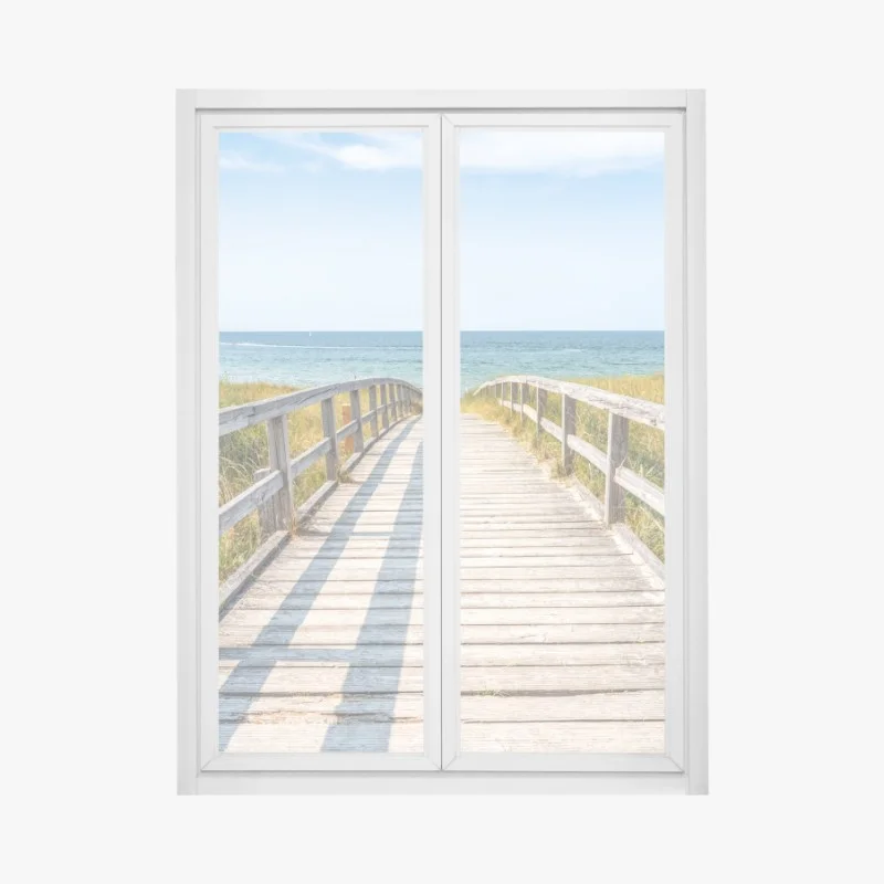 Pegatina para ventana pasarela de madera hacia el mar entre dunas